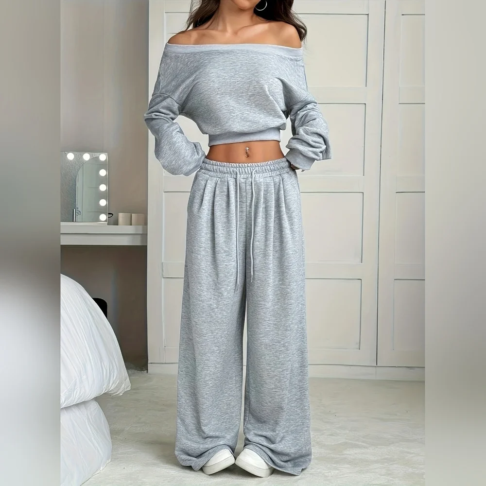 Women's Full Size Boat Neck Crop Top & Wide-Leg Pants Set In Gray Plus Size - Picture 3 of 13